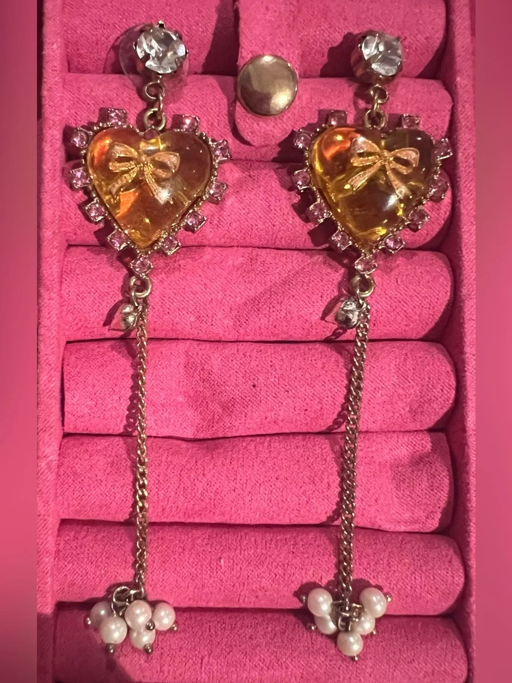 Vintage betsey  Johnson earrings  heart lucite  Drop Earrings with Amber Crystal